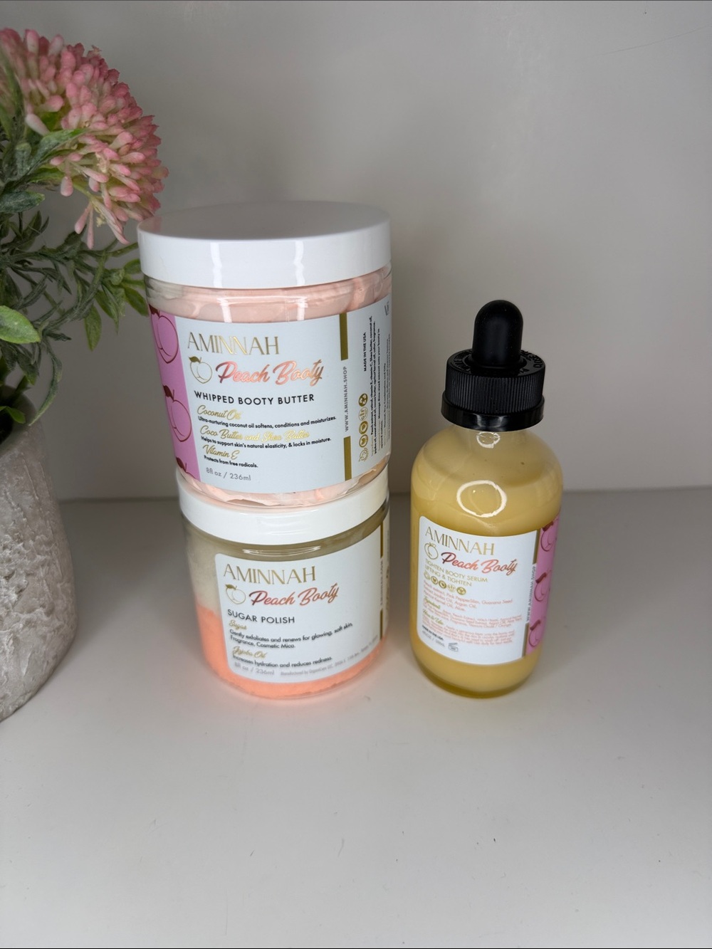AMINNAH Peach Body Whipped Booty Butter, Sugar Polish & Serum - Peach Pink